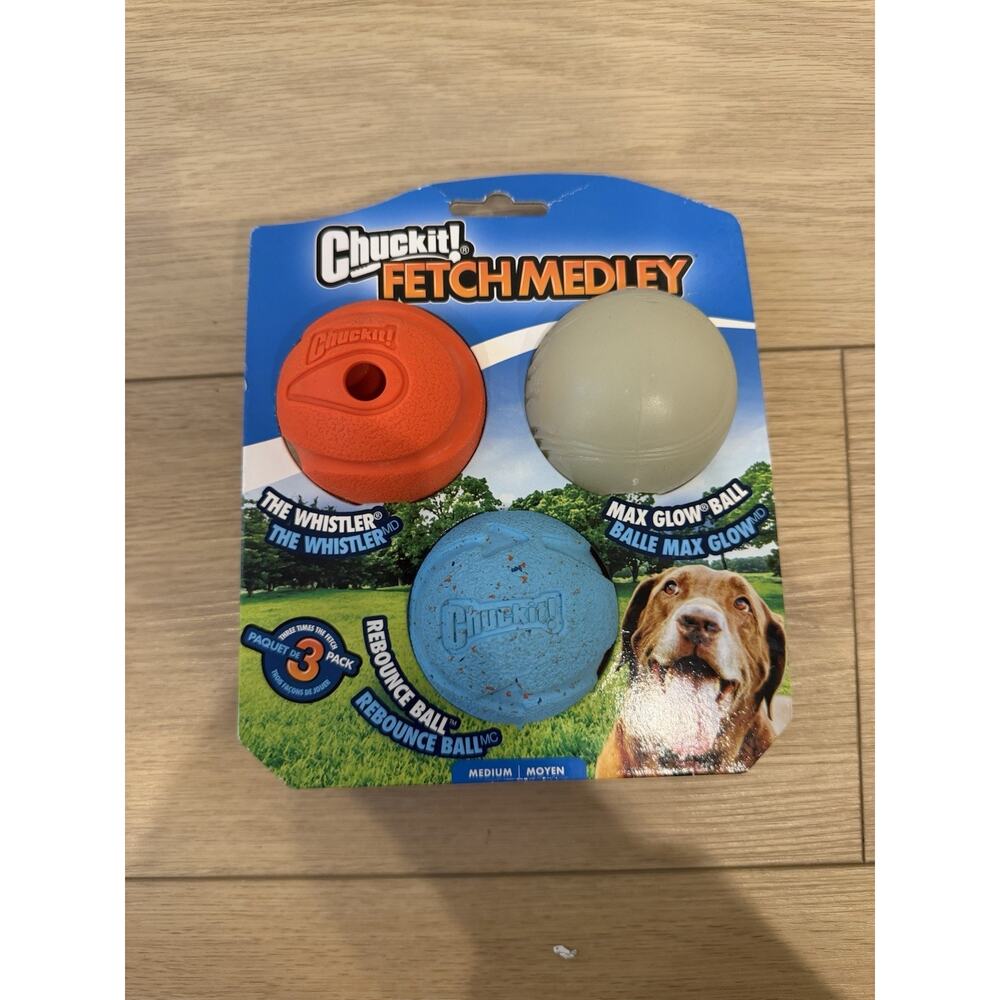 Chuckit! Dog Fetch Toy MEDLEY 3-pack Whistler Max Glow Rebounce Ball MEDIUM